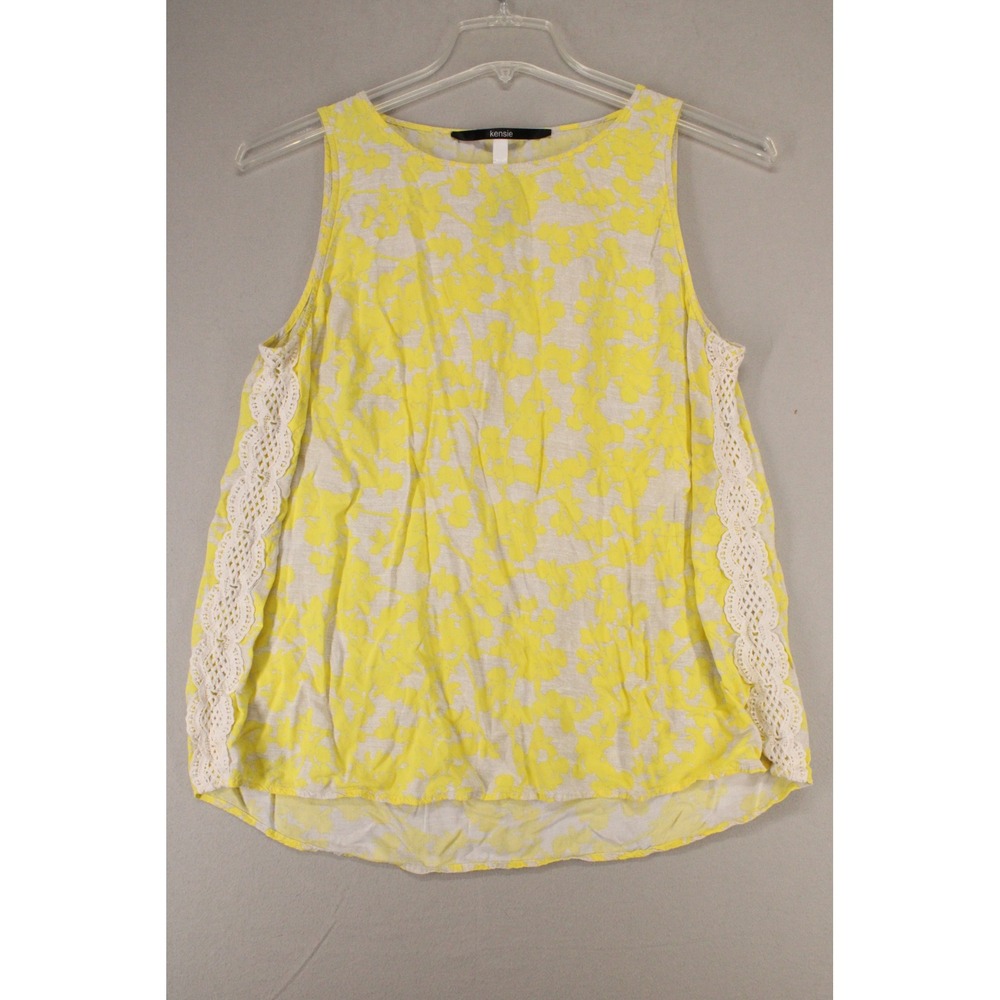 Kensie Tank Top Blouse XL Yellow Floral Rayon Crochet Lace Boho Casual Top